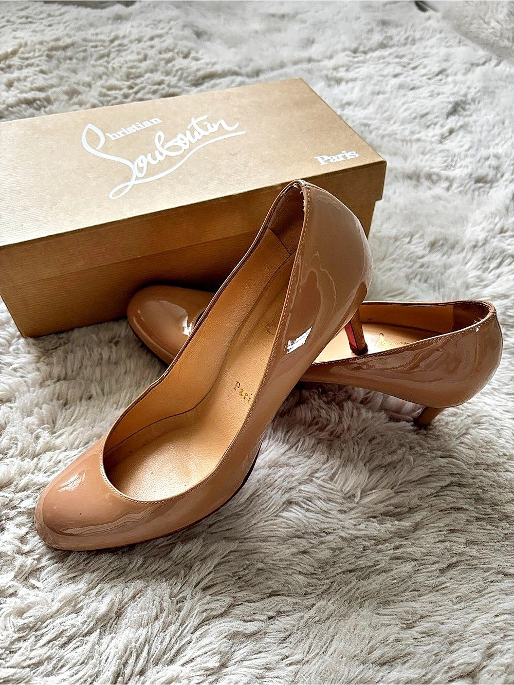 Christian Louboutin Nude Patent Round-Toe Pumps, Size 39.5, with Box